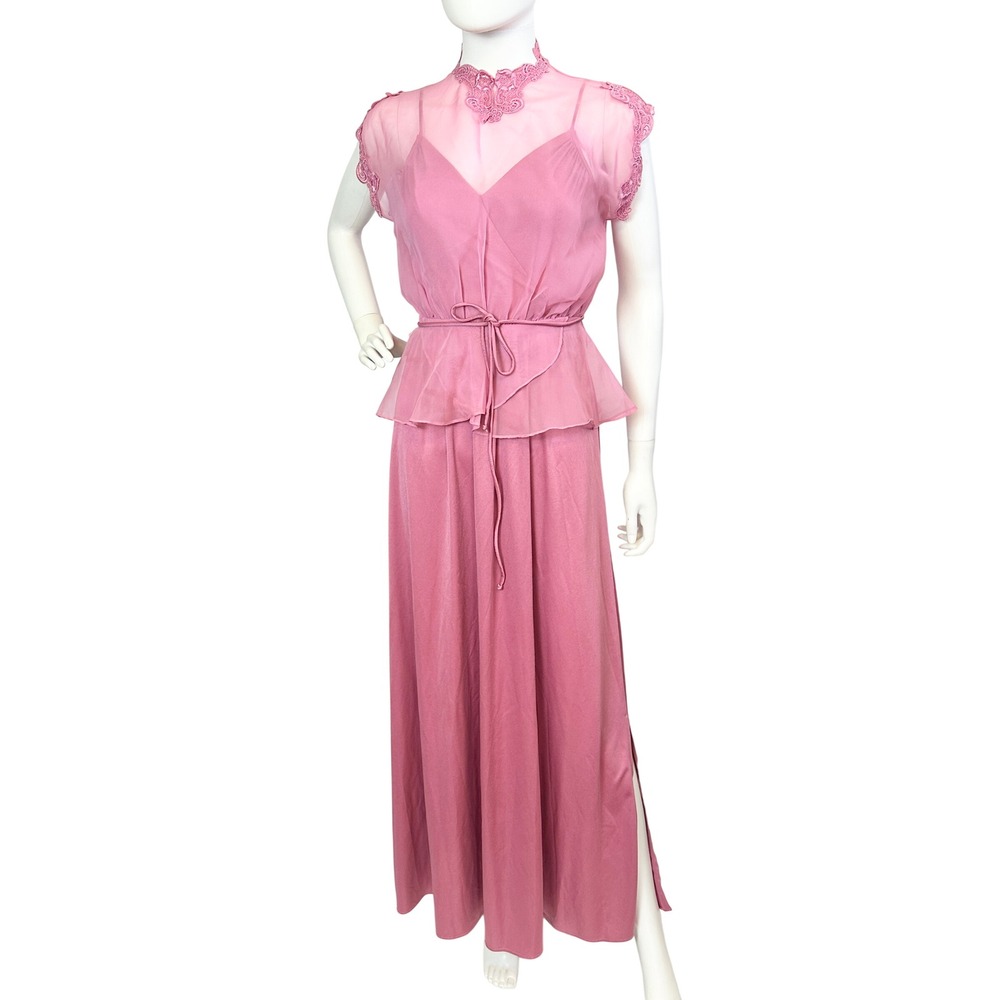 Vintage 70s 2 Pc Maxi Dress Sheer Peplum Lace High Neck Mauve Bridesmaid Prom